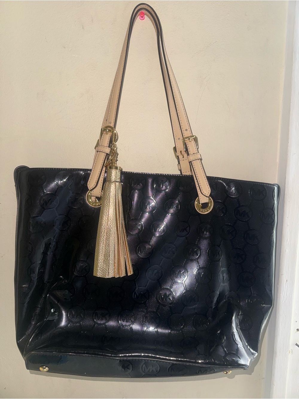 Michael Kors Black Patent Tote with Beige Straps and Gold Tassel Charm